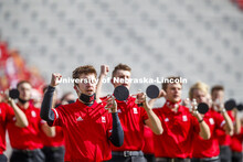 Cornhusker Marching Band, Cheer Squad and Homecoming Royalty met in the empty Memorial Stadium to re