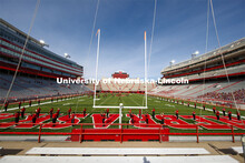 Cornhusker Marching Band, Cheer Squad and Homecoming Royalty met in the empty Memorial Stadium to re