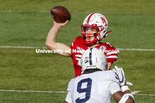 Luke McCaffrey passes in the first quarter. Nebraska v. Penn State football. November 14, 2020. 