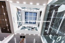 Looking up through the atrium of the library. Tour of remodeled C.Y. Thompson Library on East Campus
