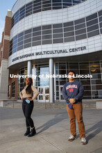 Unyoh Mbilain and Fernando Wisniewski-Pena in front of the Jackie Gaughan Multicultural Center. Phot