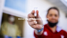 Jessica Calvi, a research assistant professor with the Nebraska Athletic Performance Lab, demonstrat