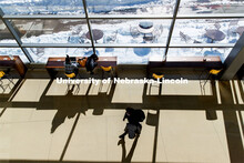 Sunlight and shadows along the south atrium in Hawks Hall. Students met the first day of classes for