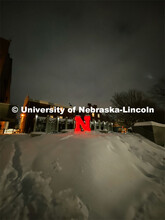 The Wick Alumni center and the Value of the N sculpture are covered in record-setting snow. Snow in 