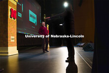 Chancellor Ronnie Green rehearses the 2021 state of our university address onstage in the Lied Cente