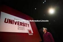 Chancellor Ronnie Green rehearses the 2021 state of our university address onstage in the Lied Cente