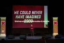 Chancellor Ronnie Green rehearses the 2021 state of our university address onstage in the Lied Cente