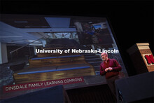 Chancellor Ronnie Green rehearses the 2021 state of our university address onstage in the Lied Cente