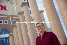 Chancellor Ronnie Green standing near the columns by Memorial Stadium. February 22, 2021. 