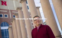 Chancellor Ronnie Green standing near the columns by Memorial Stadium. February 22, 2021. 