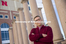 Chancellor Ronnie Green standing near the columns by Memorial Stadium. February 22, 2021. 