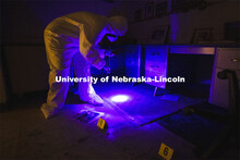 Symone Arends, a senior from Lincoln, shines an ultraviolet light onto the floor. The light will mak