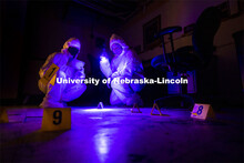 Symone Arends, a senior from Lincoln, shines an ultraviolet light onto the floor. The light will mak