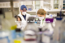 Rebecca Roston, associate professor in biochemistry, works with Ngoc Pham and Zach Shomo in her lab.