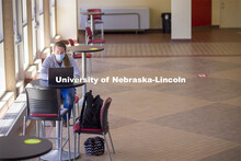 Megan Eichhoff participates in an online class in the open lobby of the Animal Science Complex on Ea