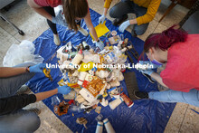 The landfill section of the Hardin Hall recycling stations are sorted by the students. Environmental
