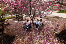 Estrella Avila and Keely Perkins, both second year interior design students, sit under the Saucer Ma