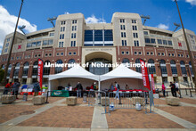 Vaccine clinic in the Coliseum with a free food and goodies tent outside. April 20, 2021. 