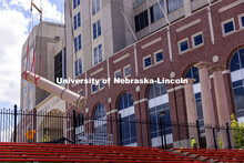 The columns outside of Memorial Stadium are being removed to make way for the new athletics complex.