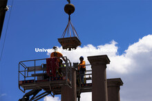 The columns outside of Memorial Stadium are being removed to make way for the new athletics complex.