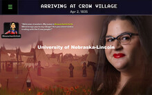 Margaret Huettl, Assistant Professor in History and Ethnic Studies, poses in front of a screen shot 