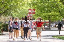 NSE Orientation Leader Gracie Williams talks with her group as they walk through campus. New Student