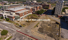 Aerial views of the construction on the new College of Engineering building,  Kiewit Hall. June 22, 