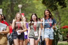 A group of young women walk together on their campus tour with New Student Enrollment. June 24, 2021