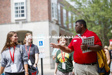 Orientation leader Jayven Brandt shares his experiences as a Husker with incoming freshmen outside t