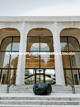 The Fallen Dreamer head sculpture lays on the front steps of the Sheldon Memorial Art Gallery on Cit