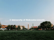 Looking down Centennial Mall toward downtown Lincoln. City Campus. July 21, 2021. 