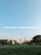 Looking down Centennial Mall toward downtown Lincoln. City Campus. July 21, 2021. 