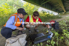 Ricky Wood, Associate Professor of Civil and Environmental Engineering, right, and Bowen Yang examin