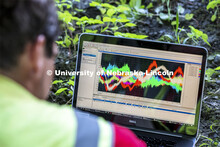 Data from dozens of sensors records on a laptop resting on a sandbar in the shade of the bridge. NOB
