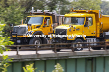 A Nebraska Department of Transportation truck drives across the aging Platte River Bridge as sensors