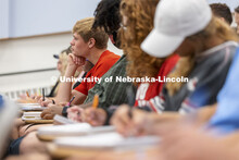 Students listen to Professor Eric Malina during his Chemistry 110 lecture in Hamilton Hall. First da