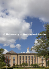 Exterior view of the south side Love Library. August 25, 2021. 