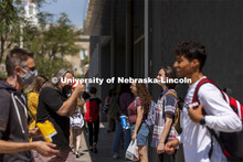 Johnny Carson Center for Emerging Media Arts students gathered outside the building Friday afternoon