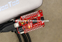 A circuit board in Mehmet Can Vuran’s Internet of Things Lab in Avery Hall work with sensors progr