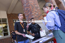 UNL police officers talk with students at the Campus Safety Awareness Fair outside the Nebraska Unio