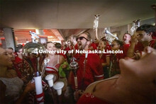 The Cornhusker Marching Band gets revved up to run out on the field before the Nebraska vs. Buffalo 