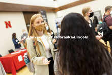 Jayme Soderbeck, a junior in management, talks with recruiters at Tuesday’s Career Fair.  Day 1’
