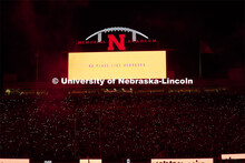 Memorial Stadium glows red in between the third and fourth quarters in a new Husker tradition.  Octo