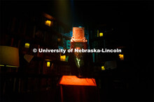 Hannah Shelby performs as the librarian at the haunted house. Dress rehearsal for ShakesFEAR. The Ne