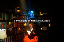 Hannah Shelby performs as the librarian at the haunted house. Dress rehearsal for ShakesFEAR. The Ne