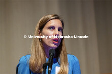 Jill O’Donnell, Director for the Yeutter Institute, talks at the celebration in the Sheldon audito
