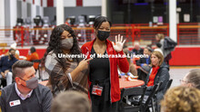 Kelli King, Assistant Vice Chancellor for Student Affairs, introduces Husker Cheer Coach Erynn Butzk
