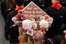 Decorated mortarboards at the Undergraduate Commencement at Pinnacle Bank Arena. December 18, 2021. 
