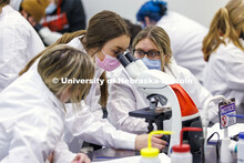 Huskers completing a microbiology and human health (BIOS 111) lab in Beadle Hall use microscopes to 