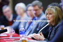 Kathy Farrell, Dean of the College of Business, talks with the group. Chancellor’s group discussin
